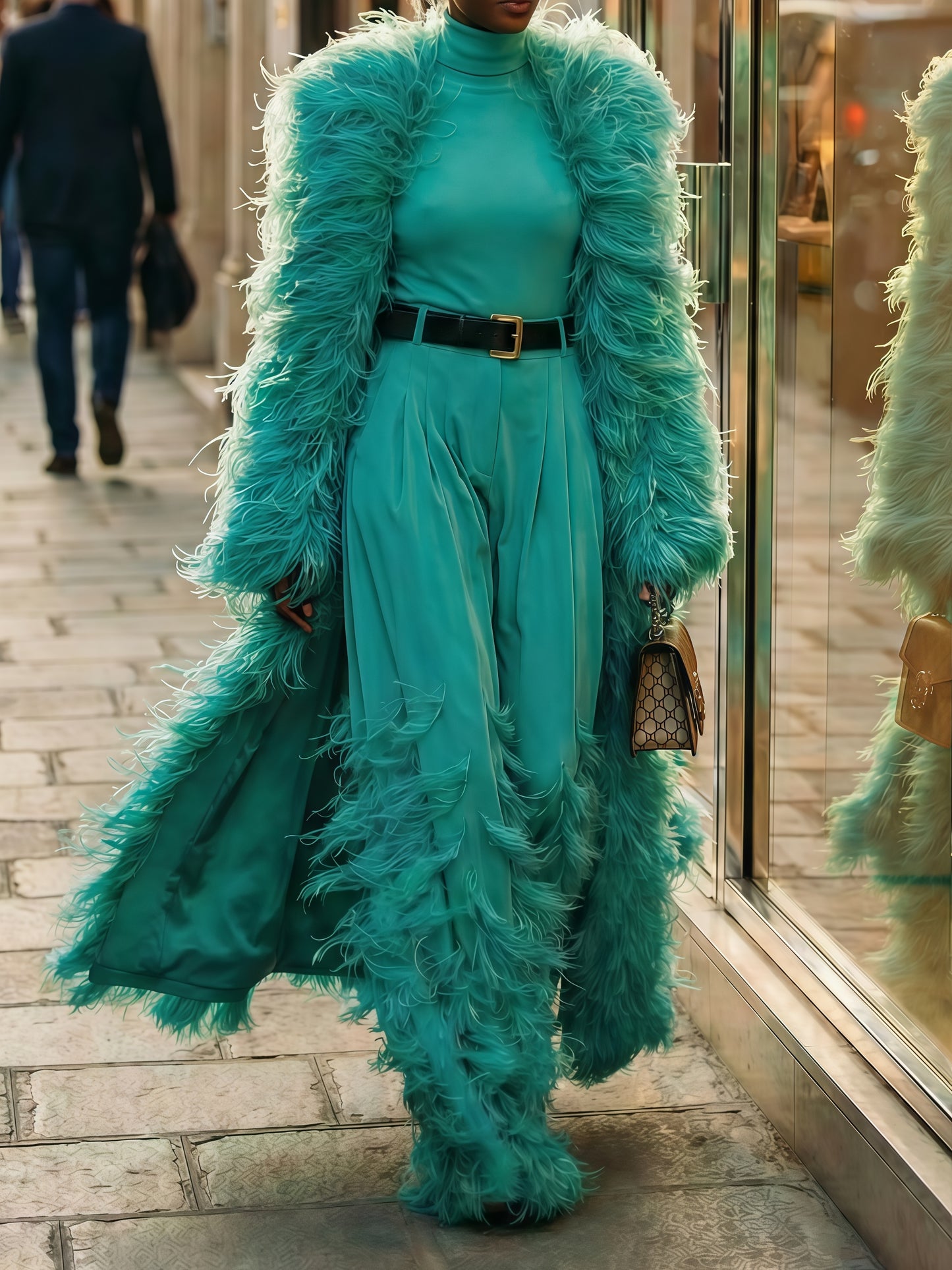 Turquoise Feathered Coat Set