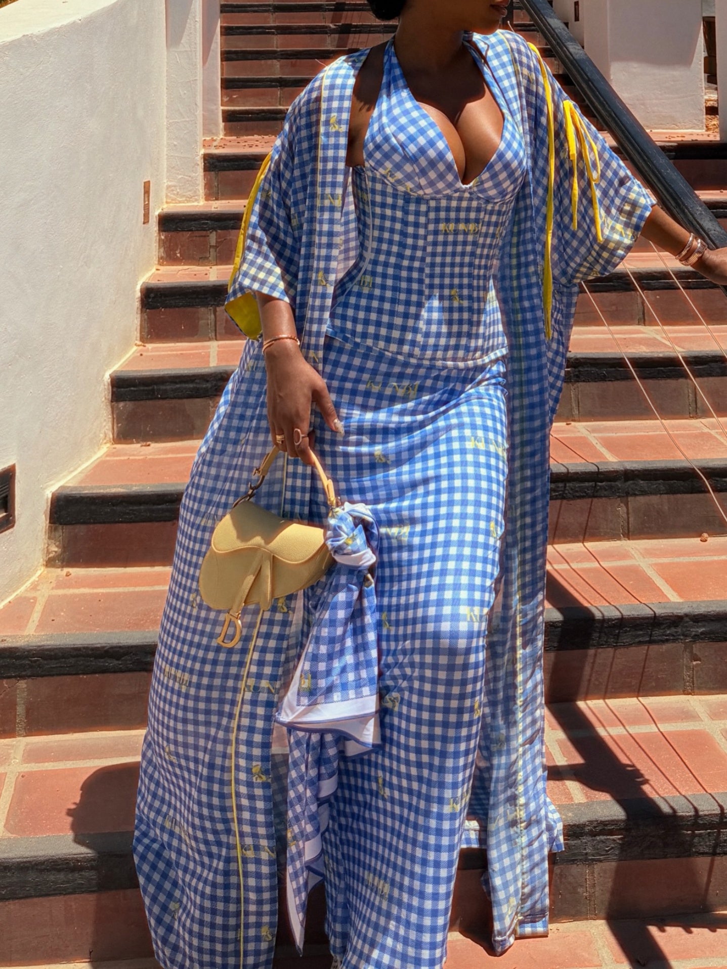 TLU Blue-Gingham Wrap Dress