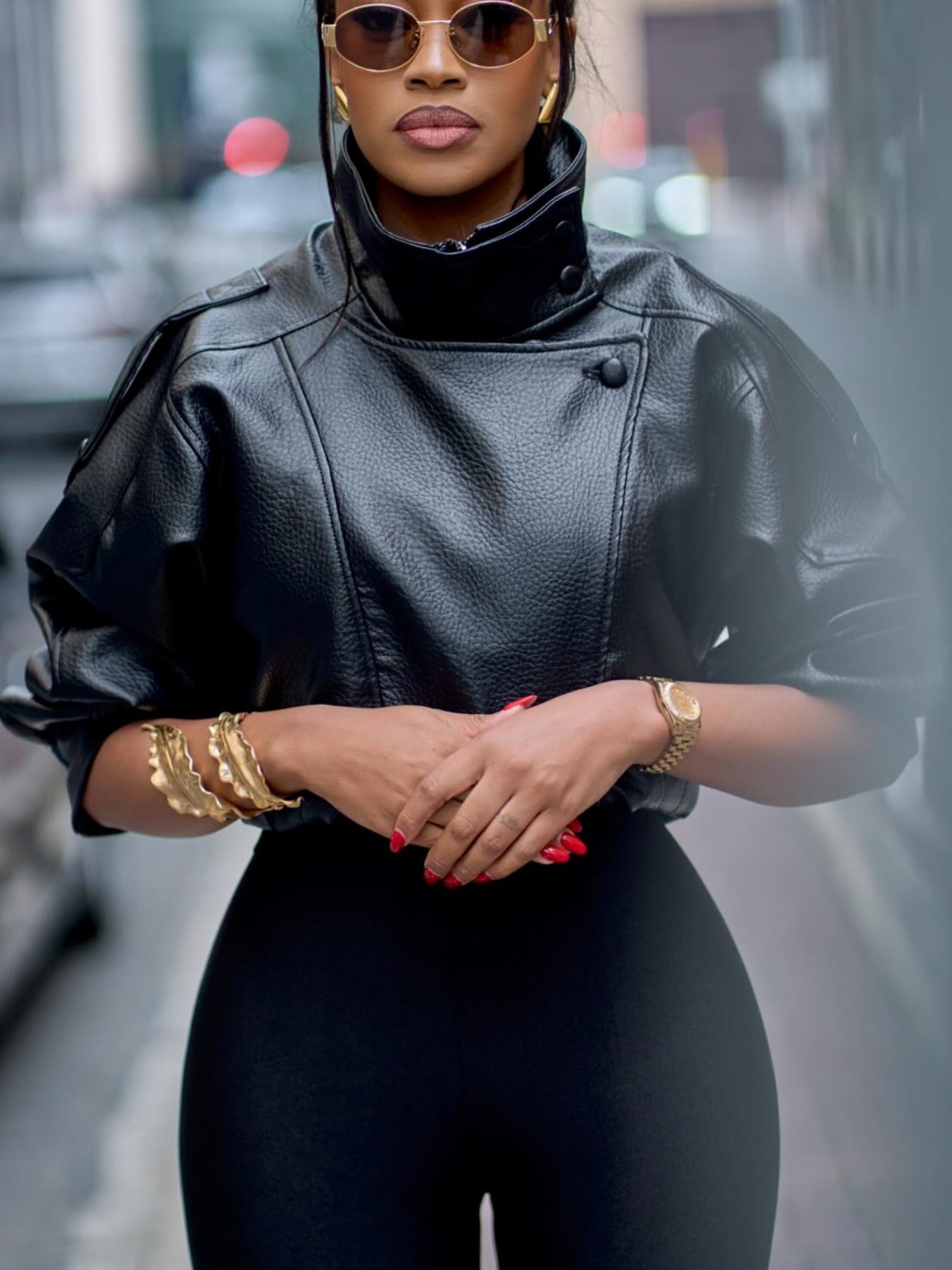 Black Leather High-Neck Jacket