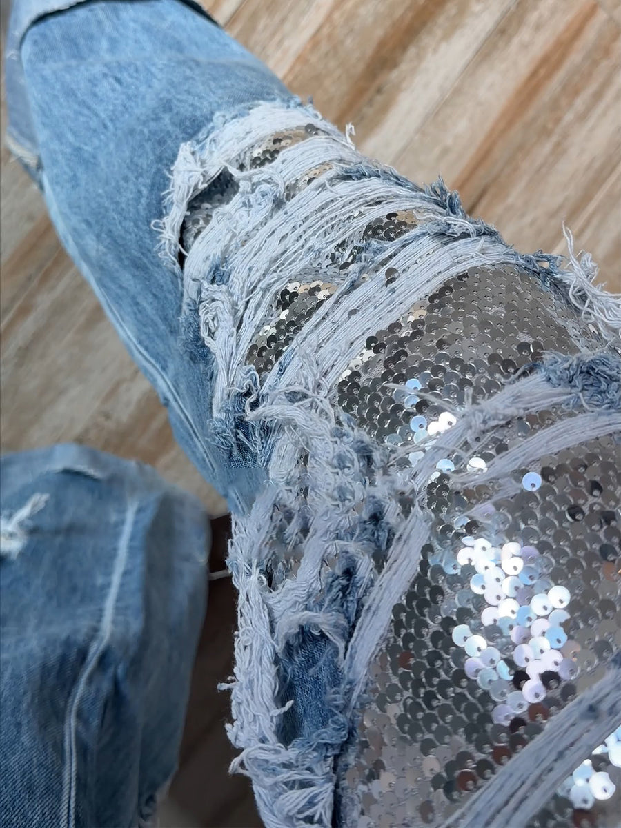 Ripped Sequined High Waist Jeans