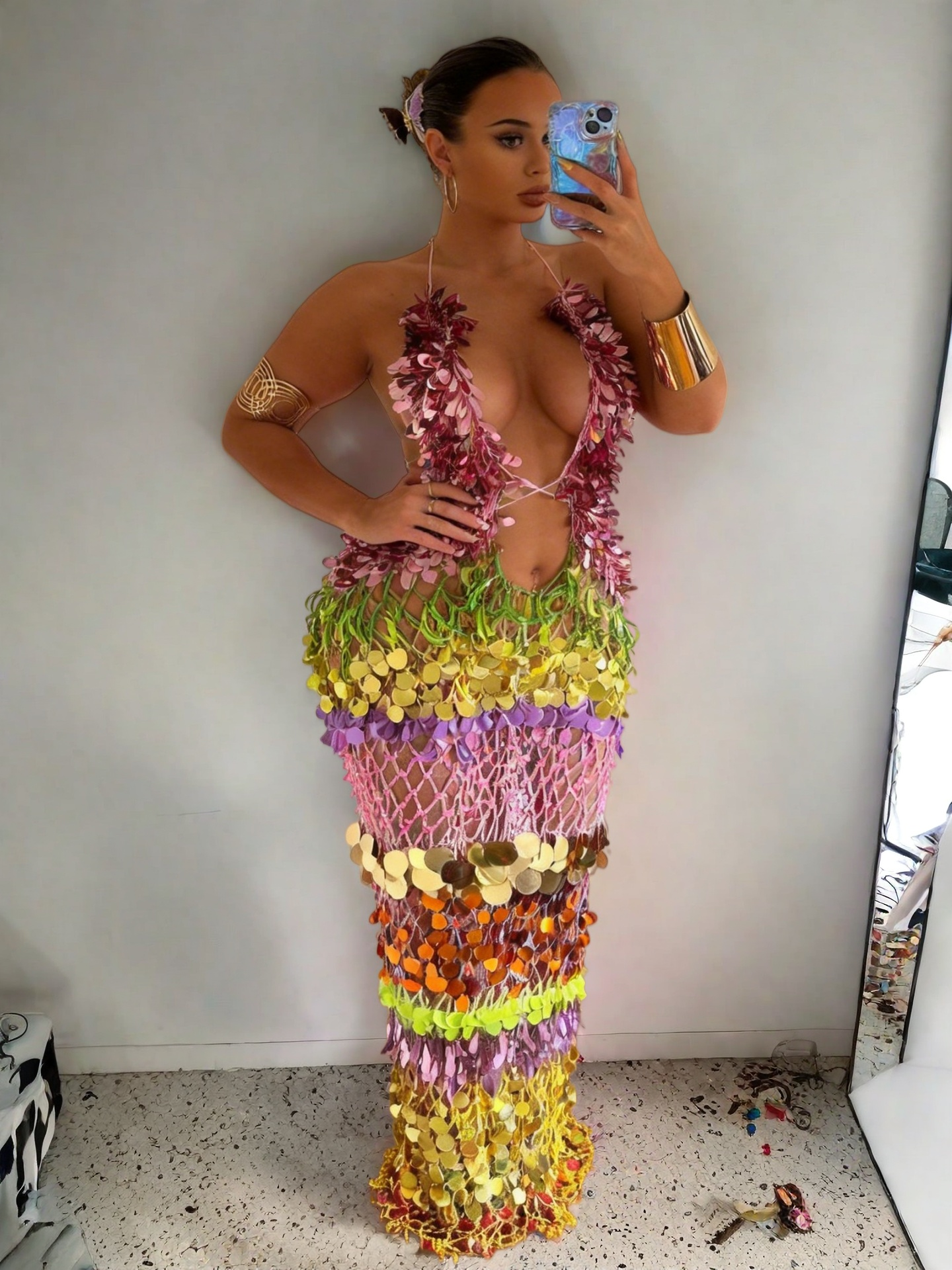 Gold Rainbow Sequin Net Dress