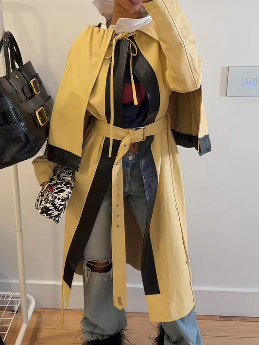 Black Leather Accents Tie-Wront Belted Trench Coat