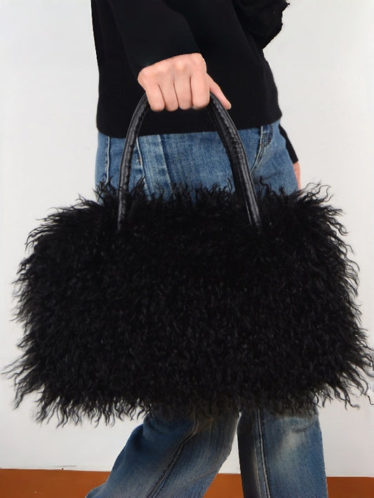 Imitation Wool Tote Bag With Genuine Leather Handles Handbag