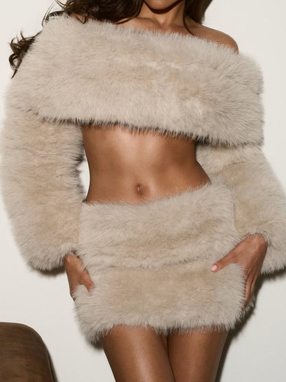 Faux Fur Off Shoulder Two Pieces Dress