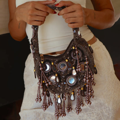 Mirrored Details Crystal Embroidery Handbag Underarm Bag