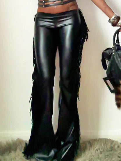 Low-waisted Faux Leather Flared Leg Pants