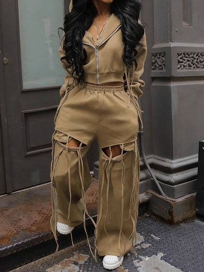 Hooded Elasticized Waist Tassels Two Pieces Set