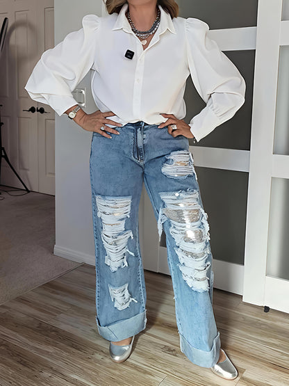 Ripped Sequined High Waist Jeans