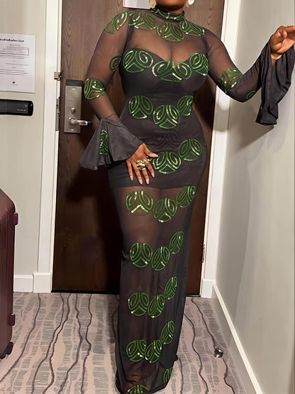 See-through Shinny Flare Sleeve Maxi Dress