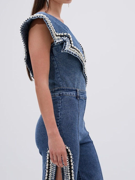 Luxurious Denim Asymmetrical Pearl Bodysuit+Side Slits Denim Pant