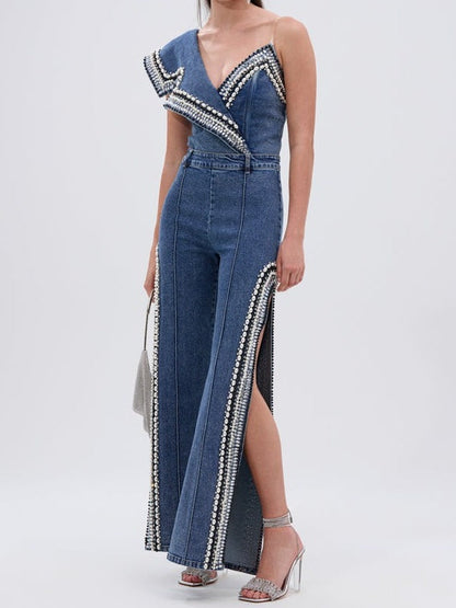 Luxurious Denim Asymmetrical Pearl Bodysuit+Side Slits Denim Pant