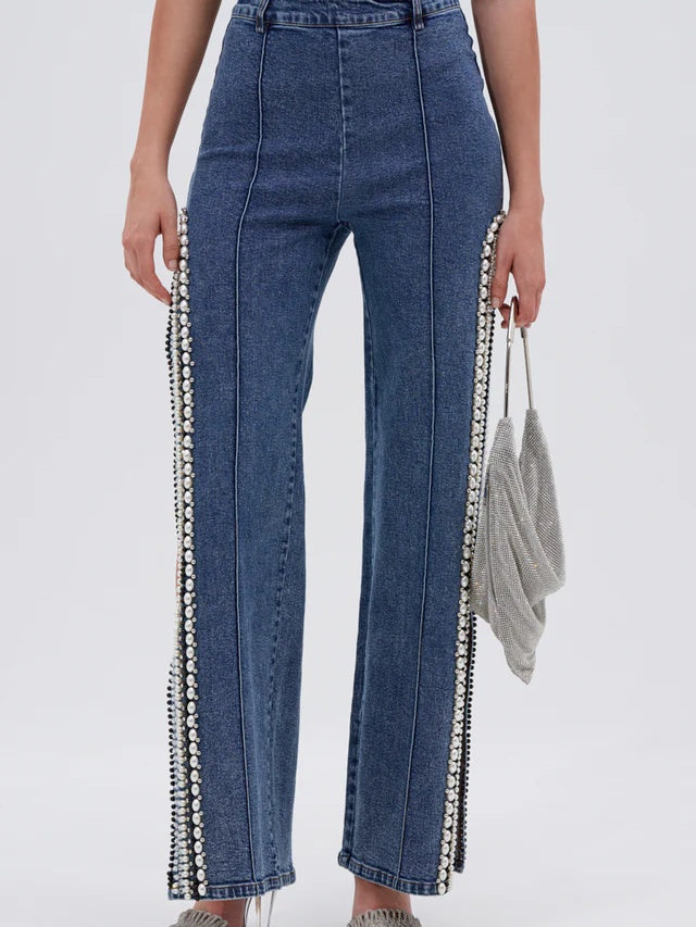 Luxurious Denim Asymmetrical Pearl Bodysuit+Side Slits Denim Pant