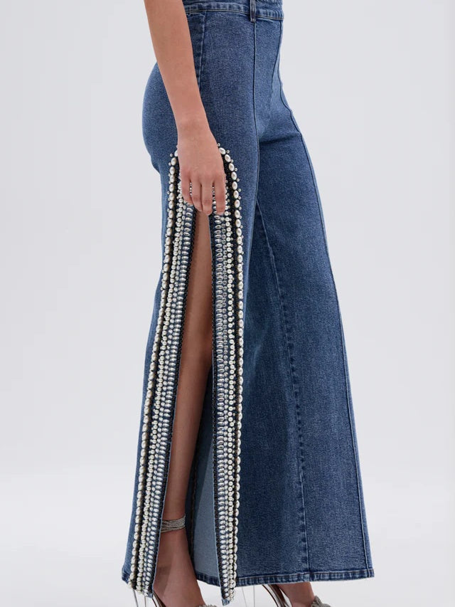Luxurious Denim Asymmetrical Pearl Bodysuit+Side Slits Denim Pant