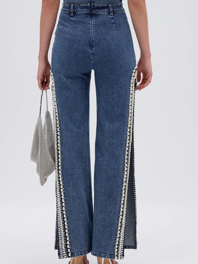 Luxurious Denim Asymmetrical Pearl Bodysuit+Side Slits Denim Pant