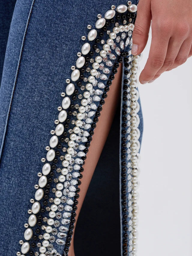 Luxurious Denim Asymmetrical Pearl Bodysuit+Side Slits Denim Pant