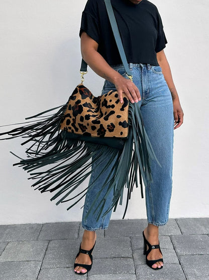 Large Fringe Leopard Print Fringe Bag