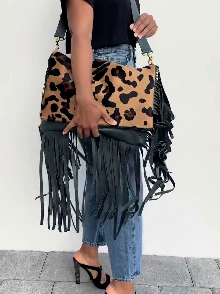 Large Fringe Leopard Print Fringe Bag