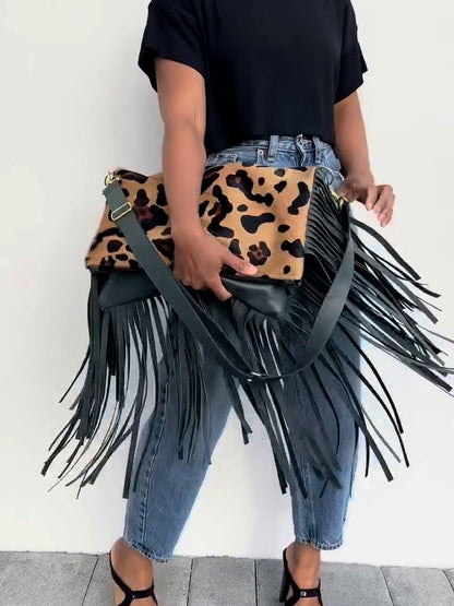 Large Fringe Leopard Print Fringe Bag