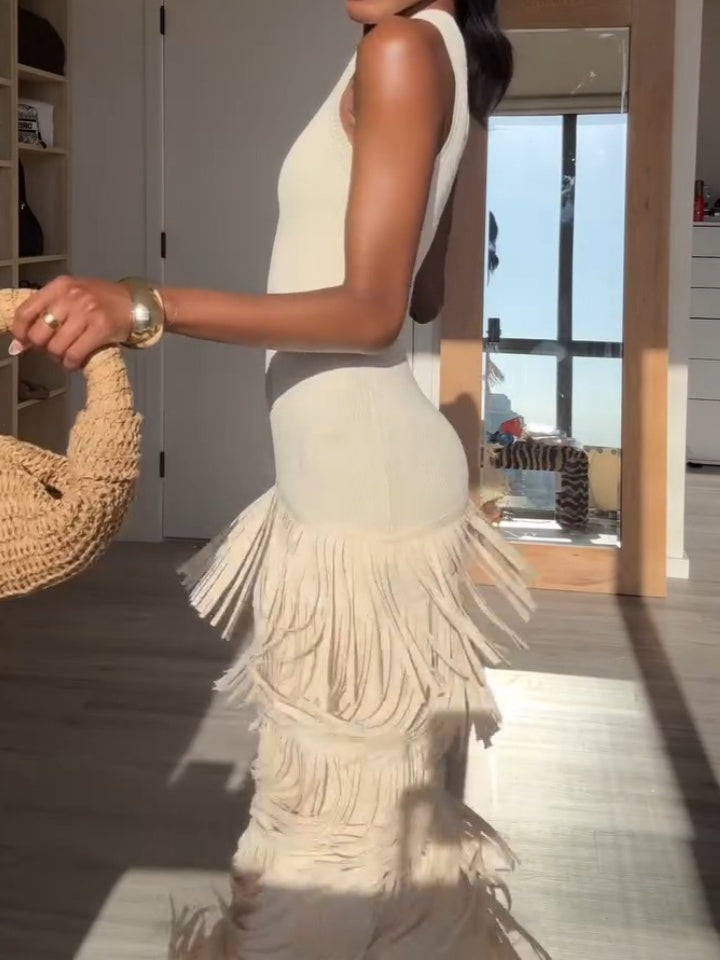 Ivory Sleeveless Knit Tassel Dress