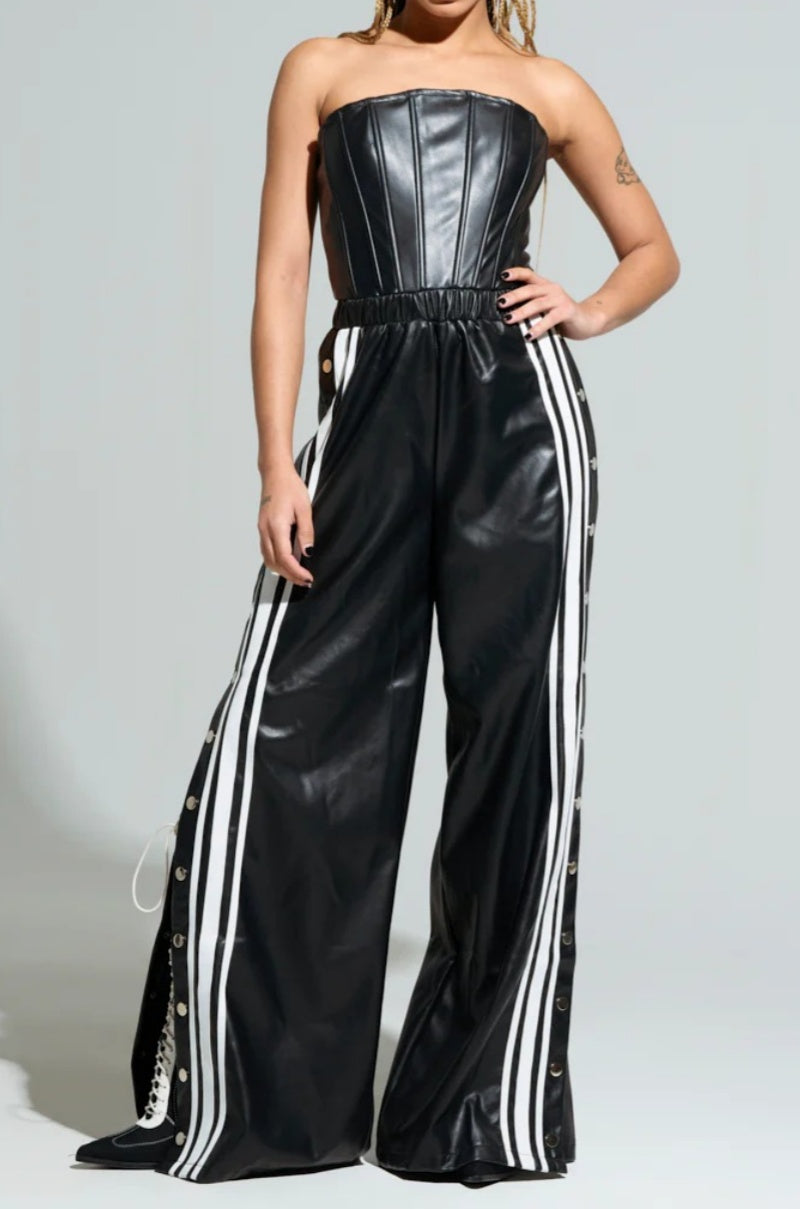 Midnight Stride Striped Pu Jumpsuit