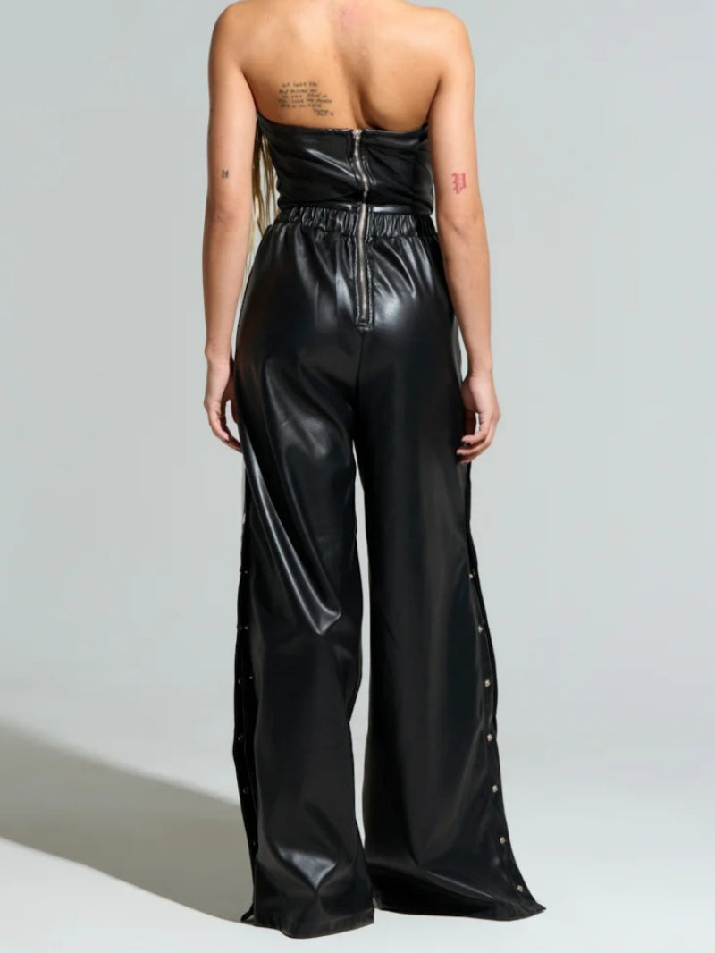 Midnight Stride Striped Pu Jumpsuit