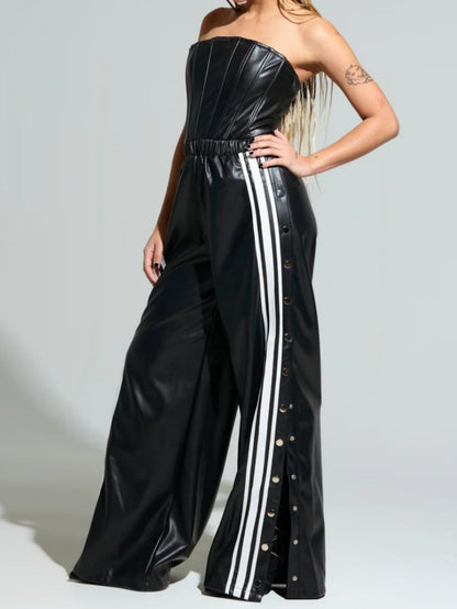 Midnight Stride Striped Pu Jumpsuit