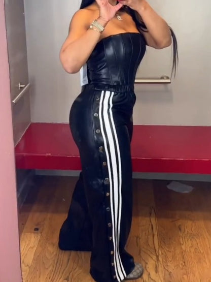 Midnight Stride Striped Pu Jumpsuit