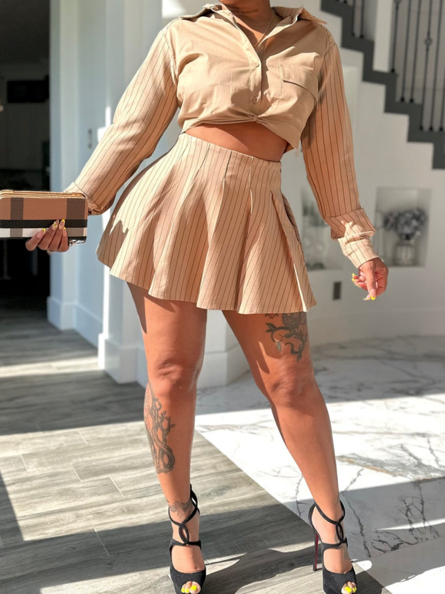 Pinstripe Pleated Dress With Long Sleeves