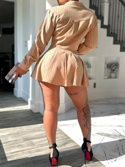 Pinstripe Pleated Dress With Long Sleeves