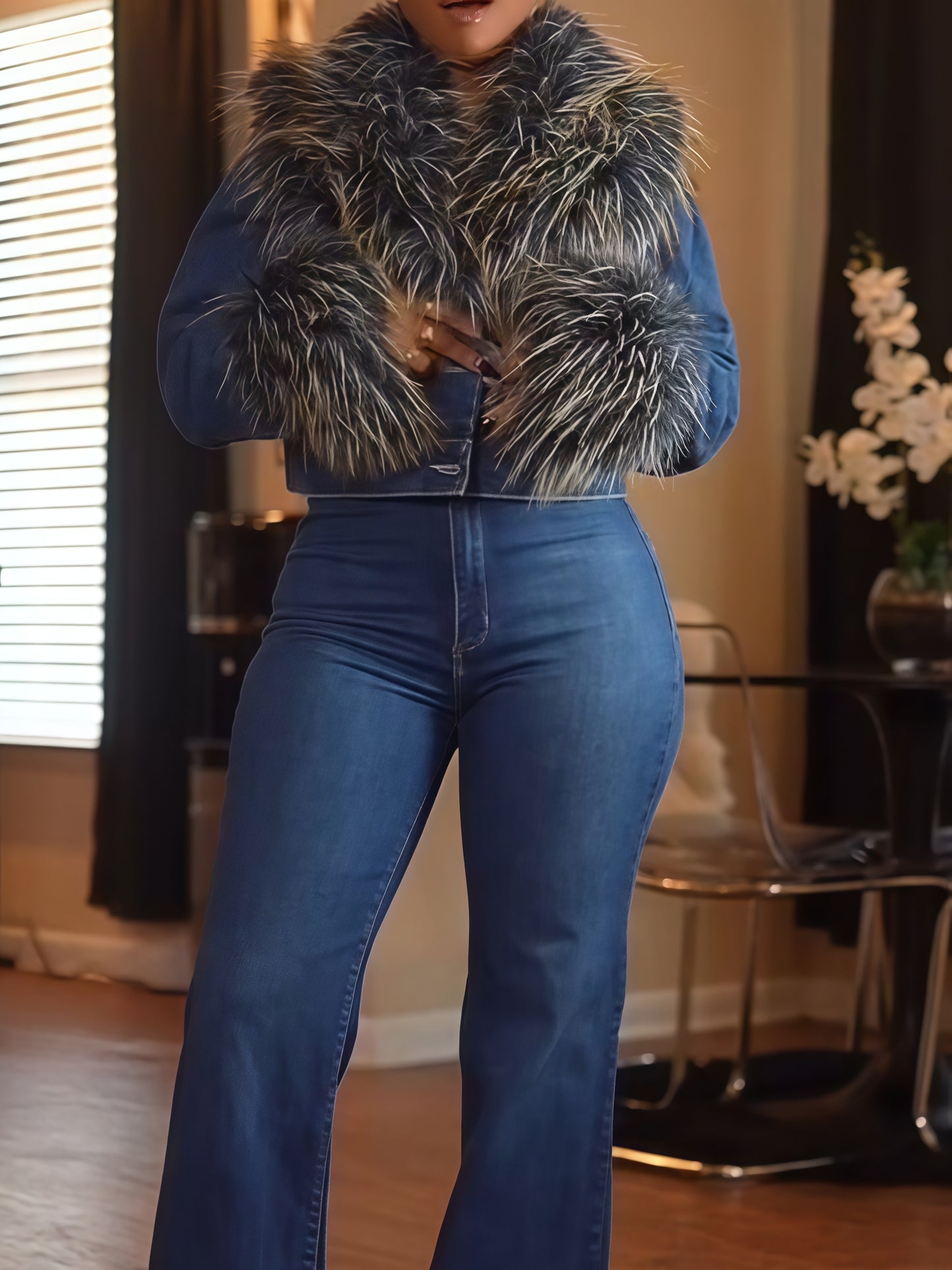 New  Cropped Fur Trim Jacket