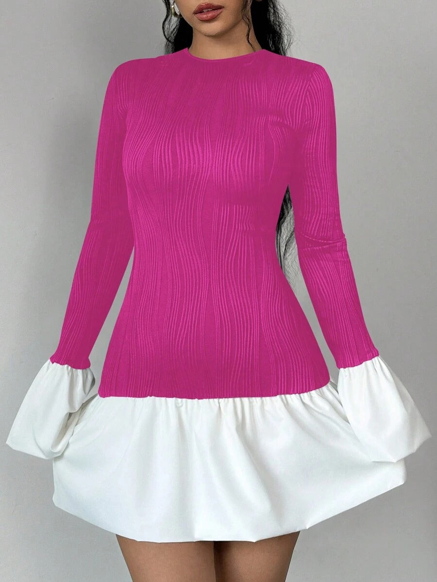 Round Neck Contrast Color Long Sleeve Dress