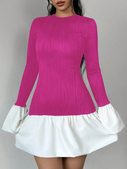 Round Neck Contrast Color Long Sleeve Dress