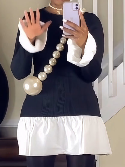 Round Neck Contrast Color Long Sleeve Dress