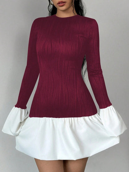 Round Neck Contrast Color Long Sleeve Dress