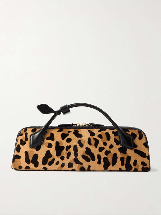Leather-trimmed Leopard-print Calf Hair Clutch