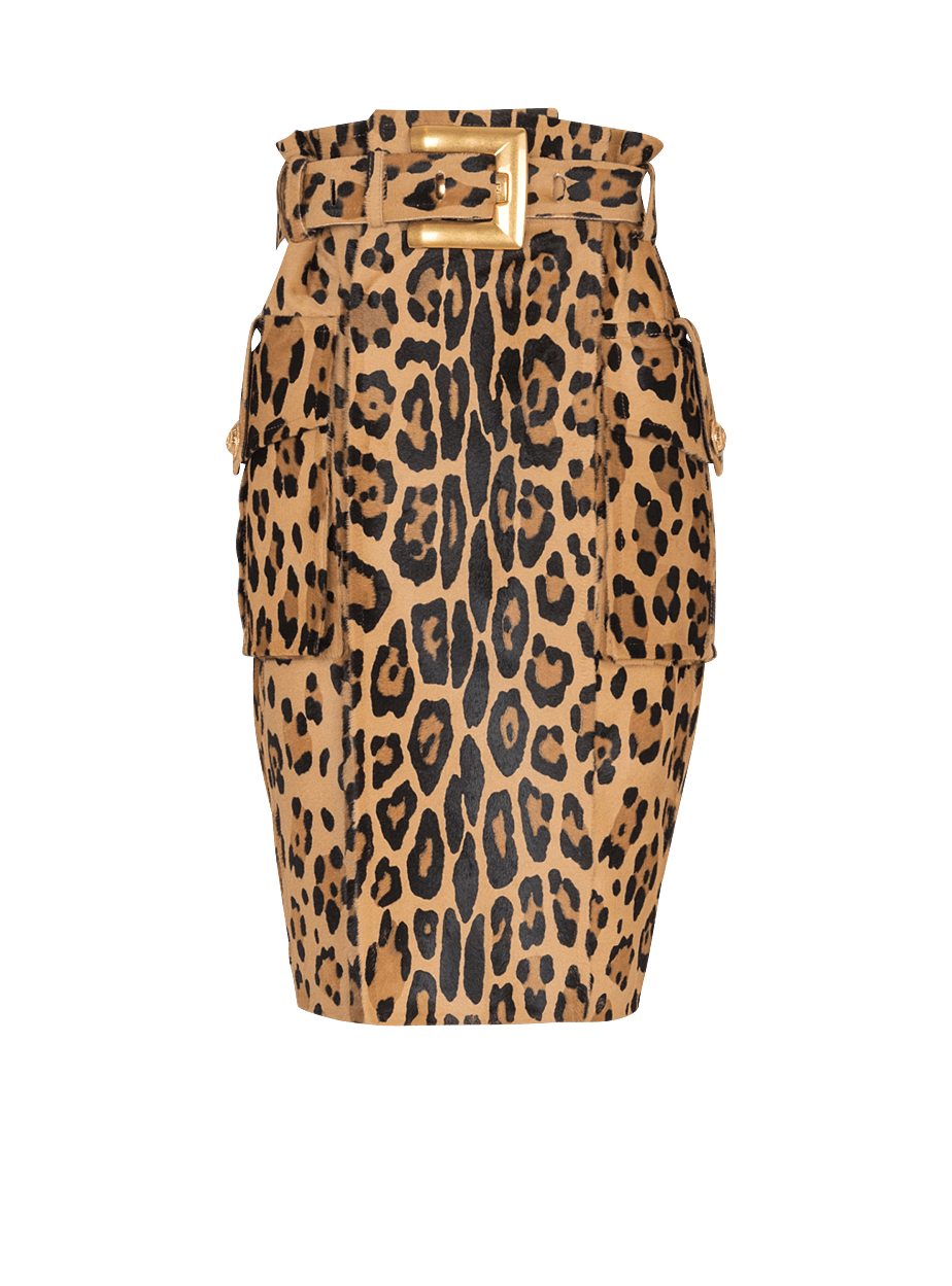 Leopard Pattern Ponyskin-style Leather Midi Skirt