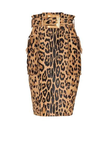 Leopard Pattern Ponyskin-style Leather Midi Skirt