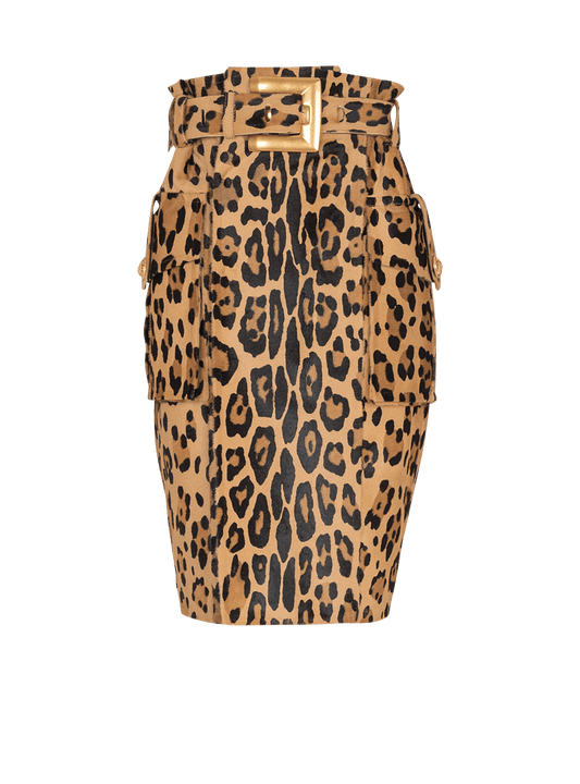 Leopard Pattern Ponyskin-style Leather Midi Skirt