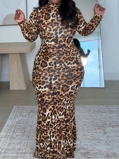 Long Sleeve Leopard Print Fitted Long Dress Maxi Women Outfit