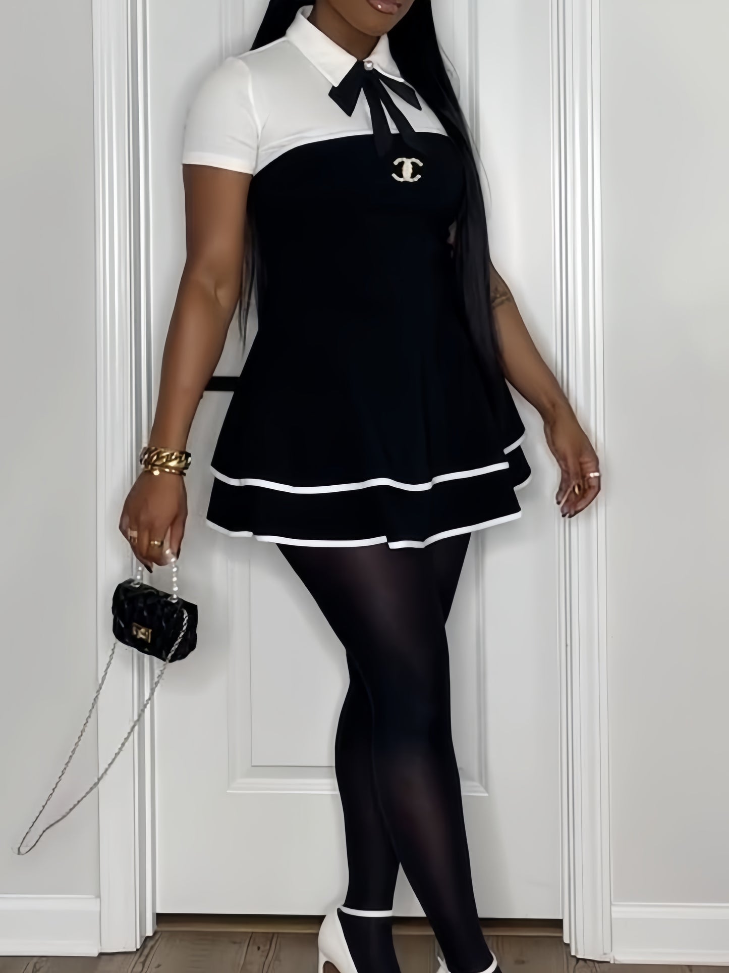 Black Stretch Woven Contrast Tiered Shift Dress