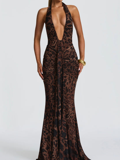 Leopard Print V-neck Long Dress