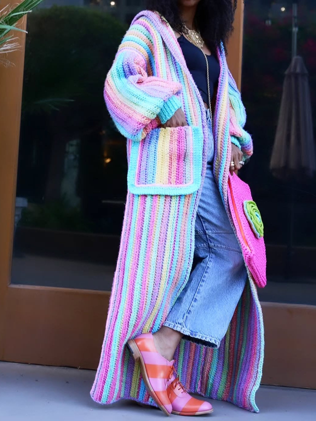 Rainbow Striped Open Front Long Sleeve Cardigan