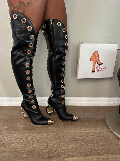 Metallic Ringed Knee-High Boots