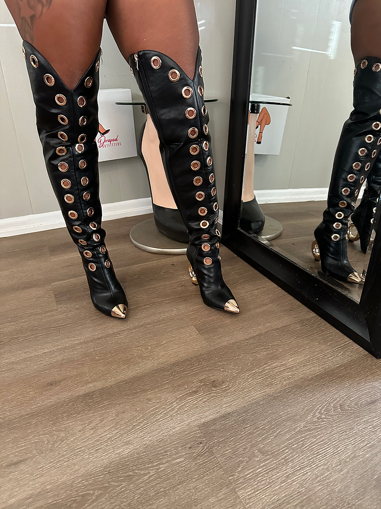Metallic Ringed Knee-High Boots