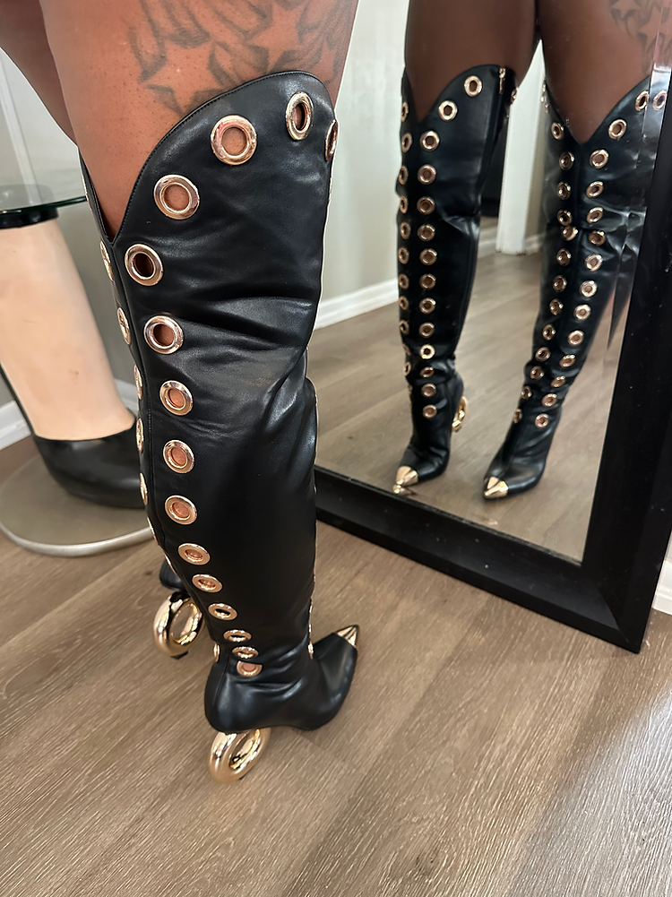 Metallic Ringed Knee-High Boots