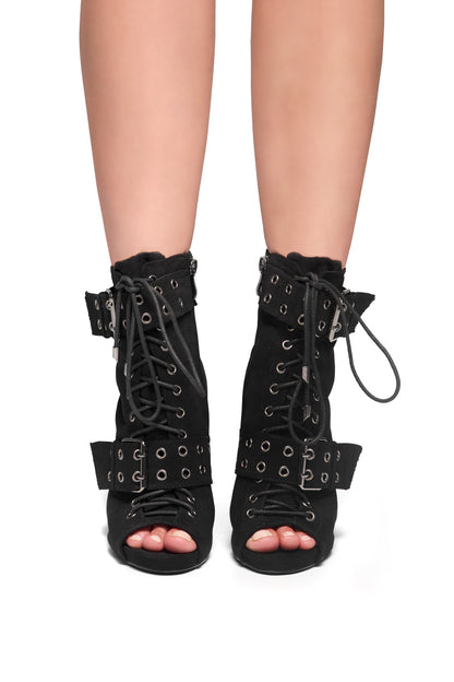 Lace Up Buckled Peep Toe Stiletto Booties