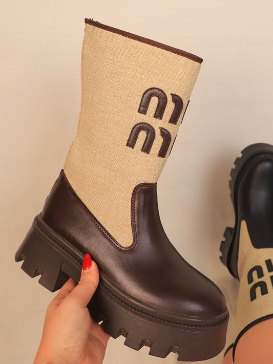 Brown Beige Patchwork Block Heel Boots