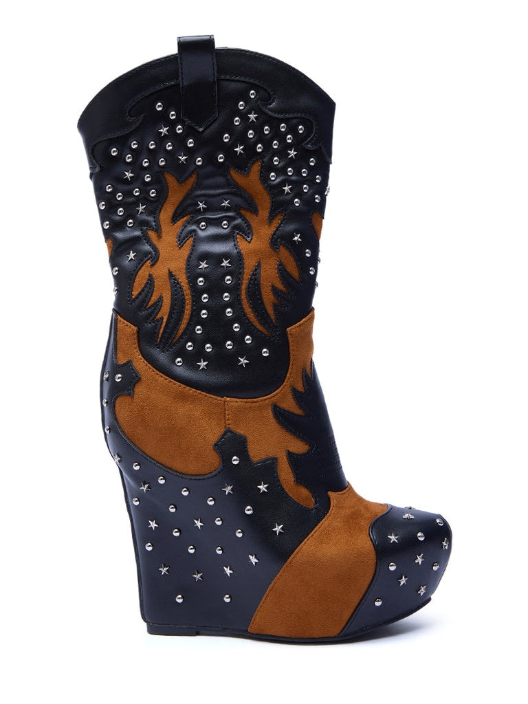 Black Multi Western Wedge Bootie