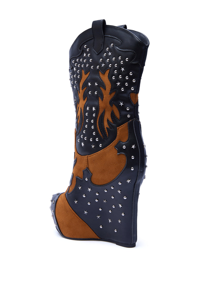 Black Multi Western Wedge Bootie