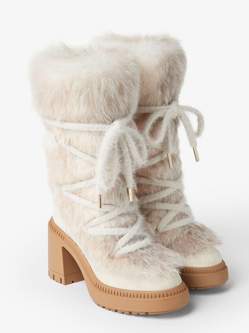 White Shearling And Suede Medium-heeled Boots